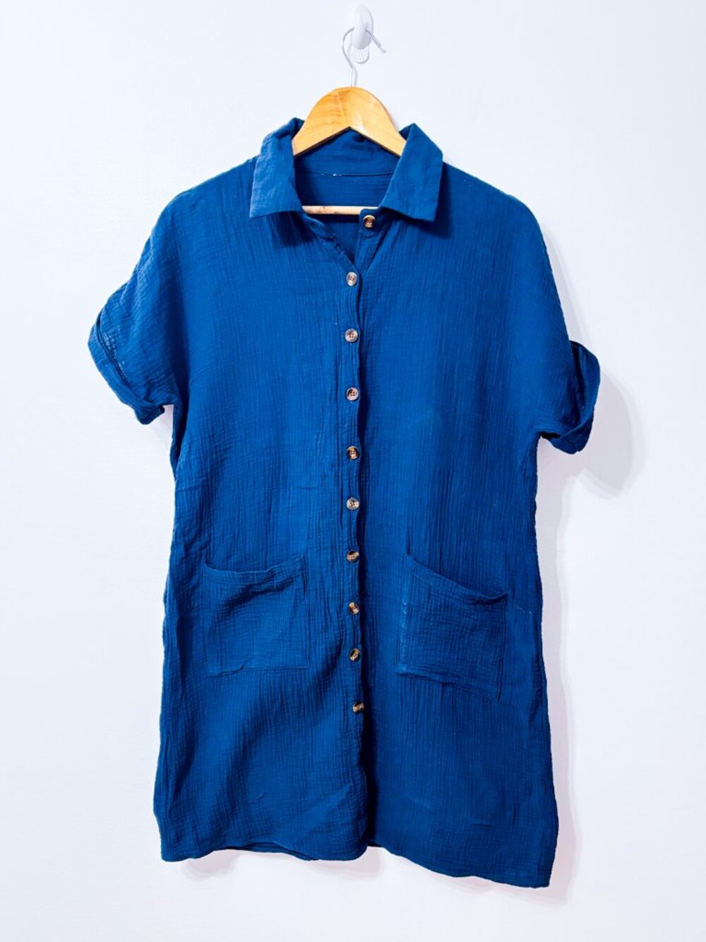 Blue Cotton Linen Crinkle Gauze Button Front Shirt Dress Pockets Large
